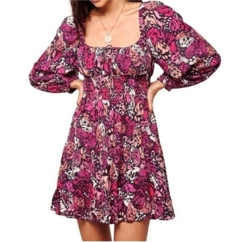 L*Space Cassidy Dress Sz Medium Pink Butterfly Wing and Things Print Long Sleeve